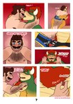 2024 absurd_res anthro arm_hair bed blue_eyes bodily_fluids body_hair bowser brown_hair bulge bulge_frottage chest_hair clothed clothing colored comic dialogue dropsofmoonlight duo english_text facial_hair first_person_view french_kissing furniture goatee hair happy_trail hi_res horn human human_on_anthro interspecies kissing koopa leg_hair male male/male mammal mario mario_bros motion_lines multicolored_body mustache nintendo nipple_fetish nipple_play nipples number onomatopoeia page_number pubes question_mark red_eyes red_hair scalie sound_effects sweat tan_body tan_skin text two_tone_body underwear underwear_only