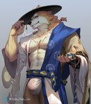 5_fingers anthro asian_clothing asian_mythology bulge canid canine canis claws clothing digital_drawing_(artwork) digital_media_(artwork) domestic_dog east_asian_clothing east_asian_mythology finger_claws fingers fur hat headgear headwear hi_res inugami_(onmyoji) japanese japanese_clothing japanese_mythology kemono looking_at_viewer male mammal muscular muscular_male mythology shan_yao_jun shiba_inu simple_background solo spinugami_(onmyoji) spitz translucent translucent_clothing twitter_handle