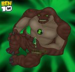 2009 4_fingers abstract_background alien anthro ben_10 bodily_fluids brown_body cartoon_network claws fingers front_view genital_fluids genitals glowing glowing_eyes green_background green_eyes hand_on_knee hand_on_leg humungousaur looking_at_viewer male masturbation nude penile penile_masturbation penis precum simple_background smile solo vaxasaurian watermark zippo_(artist)