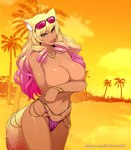 2024 animal_humanoid beach bikini bikini_bottom blonde_hair bracelet breasts canid canid_humanoid canine canine_humanoid clothed clothing covering covering_breasts eyewear fate_(series) female fox_humanoid gold_(metal) hair hi_res humanoid jewelry mammal mammal_humanoid multicolored_hair navel nofuture palm_tree pink_hair plant solo sunglasses suzuka_gozen swimwear topless tree two-piece_swimsuit type-moon