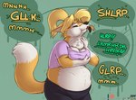 almost_fully_inside anthro anthro_pred belly big_belly big_breasts bottomwear breasts canid canine clothing female female_pred fox mammal muffled_speech neck_bulge onomatopoeia oral_vore pants partially_inside scott_calico shirt sound_effects text topwear vore