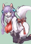 2023 accessory anthro asian_clothing biped black_body black_fur blush blush_lines breasts canid canine canis chinese_clothing clothed clothing dipstick_ears dudou ear_markings east_asian_clothing eyebrow_through_hair eyebrows female fur furgonomics gloves_(marking) hair hi_res holding_object kemono kneeling leg_markings mammal markings medium_breasts multicolored_ears purple_hair red_eyes ribbons setouchi_kurage side_boob simple_background smile snout socks_(marking) solo tail tail_accessory tail_ribbon three-quarter_view translucent translucent_hair white_body white_fur wolf