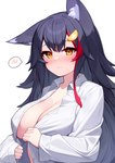 2023 animal_humanoid big_breasts black_body black_ears black_fur black_hair blush breasts canid canid_humanoid canine canine_humanoid canis clothed clothing collarbone deaver female fingers fur hair hi_res highlights_(coloring) hololive humanoid inner_ear_fluff mammal mammal_humanoid ookami_mio open_clothing open_shirt open_topwear red_hair red_highlights shirt topwear tuft unbuttoned_shirt vtuber white_clothing white_topwear wolf_humanoid