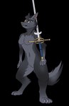 absurd_res anthro brown_eye_patch brown_eyewear canid canine canis claws eye_patch eyewear female gacruxoraptor green_eyes hi_res layka_kiro mammal paws solo wolf zweihander