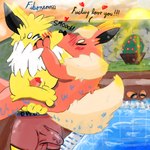 1:1 anthro black_nose blue_eyes blush bottomwear boxers_(clothing) clothing dialogue duo eeveelution english_text feral fibonenacci flareon footwear fur generation_1_pokemon genitals hair heart_symbol jolteon kiss_on_lips kissing light looking_at_another looking_pleasured male male/male mammal nintendo nude open_mouth orange_body orange_fur owo penis penis_size_difference plant_pot pokemon pokemon_(species) pokemorph pool sandals shoes sky smooch_(sound_effect) smothering sun sunlight tail text underwear water wet wet_body yellow_body yellow_fur