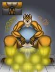 anthro anus balls bathroom belly clothed clothing fart fart_cloud fart_fetish feces gassy genitals hi_res hyena male mammal overweight overweight_anthro overweight_male partially_clothed pooping pooping_in_toilet puffy_anus sitting sitting_on_toilet smelly solo sunflower_fox thick_thighs toilet