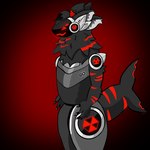 4_eyes allaboutthegoatlife anthro axol_(darkninja147) black_claws claws dark_body dark_fur digital_drawing_(artwork) digital_media_(artwork) fur grey_body grey_fur hi_res highlights_(coloring) horn machine male multi_eye protogen protogen_armor protogen_face protogen_visor red_highlights red_horn red_light red_stripes shark_tail simple_background solo standing stripes