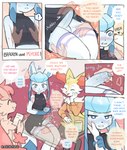 akibun anthro anthrofied blue_eyes blush blush_lines bodily_fluids braixen clothed clothing comic crop_top crossdressing dialogue dress duo eeveelution ejaculation english_text femboy foreskin generation_4_pokemon generation_6_pokemon genital_fluids genitals glaceon grope hand_on_cheek hand_on_ear handjob hands-free hi_res humanoid_genitalia kissing kissing_cheek leg_grab legwear male male/male nintendo no_underwear penile penis pokemon pokemon_(species) pokemorph precum profanity psychic_powers public restaurant sex shirt speech_bubble stealth_sex telekinesis telepathy tenting text thigh_grab thigh_highs topwear under_table