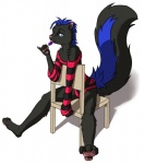 anthro blue_eyes candy chair clothed clothing color_contrast concession crossdressing dessert femboy food furniture lollipop male mammal mephitid nicole_o'connor nx-42 pawpads paws pink_tongue skunk solo striped_skunk sweater tail tongue topwear wood wood_chair wood_furniture