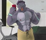 abs anthro athletic_wear biceps bottomwear clothing fongu gym gym_bottomwear gym_shorts hi_res male muscular muscular_male nipples open_mouth open_smile panthera pecs shorts smile solo tongue tongue_out