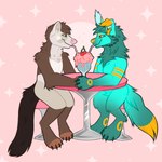 1:1 anthro beverage blue_body blue_fur brown_body brown_fur canid canine canis domestic_ferret drinking duo female ferretteacreations fur green_eyes hand_holding hi_res hybrid kaitlyn_(kaito) kylie_(kyliebobile) lagomorph leporid male mammal milkshake mustelid musteline paws rabbit romantic romantic_couple stare true_musteline weasel wolf