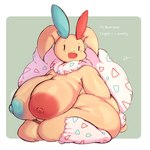 1:1 anthro big_breasts black_eyes blue_nipples breasts female fur generation_2_pokemon generation_4_pokemon hi_res huge_breasts hybrid hybrid_pokemon lightmizano lopunny nintendo nipples pokemon pokemon_(species) red_nipples slightly_chubby solo togepi white_body white_fur yellow_body