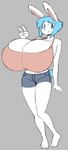 angstrom anthro big_breasts blue_eyes blue_hair blue_tail bottomwear breasts cleavage cleavage_overflow clothed clothing cutoffs denim denim_bottomwear denim_clothing digital_media_(artwork) female gesture hair hand_gesture huge_breasts hyper hyper_breasts lagomorph leporid mammal molly_(angstrom) rabbit scut_tail shirt short_tail shorts simple_background smile solo tail tank_top top_heavy topwear v_sign white_body