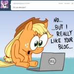 1:1 applejack_(mlp) ask_jappleack blonde_hair clothing computer cowboy_hat dell dialogue earth_pony electronics english_text equid equine female feral friendship_is_magic grass green_eyes hair hasbro hat headgear headwear horse hotdiggedydemon laptop mammal mane my_little_pony plant pony ponytail solo sweetie_belle_(mlp) tail text tumblr