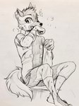 5_toes anthro aseer bodily_fluids canid canine canis clothed clothing domestic_dog feet german_shepherd herding_dog male mammal pastoral_dog paws scar sitting solo swaybat sweat toes traditional_media_(artwork) wiping_mouth