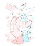 2023 >_< anthro blue_clothing blue_shirt blue_topwear blush blush_lines bunonthemoon clothing daww duo eyes_closed fur hug jacket kissing_forehead lagomorph leporid male mammal pastel_theme pink_clothing pink_jacket pink_topwear rabbit romantic romantic_couple shirt slim_anthro slim_male topwear white_body white_fur