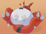 2_toes ambiguous_gender anthro bandai_namco belly belly_rub big_belly digimon digimon_(species) disembodied_hand duo feet guilmon heart_symbol lying obese obese_anthro on_back overweight overweight_anthro paws tail toes xeniyy