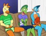 2016 5:4 amphibian anthro anthrofied avian bird clothing combusken comic digital_media_(artwork) elemental_creature flora_fauna furniture fuze gao_(fuze) generation_3_pokemon green_clothing green_underwear group grovyle hi_res kei_(fuze) leaf male male/male marshtomp night nintendo orange_clothing orange_underwear plant pokemon pokemon_(species) pokemorph reptile scalie shu_(fuze) sofa starter_trio trio underwear undressing