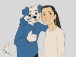 5_fingers anthro bottomwear canid canine canis claudia_sheinbaum clothed clothing dalmatian domestic_dog female fingers green_eyes grey_background human jacket male mammal nai_ive pants sea_salt shirt simple_background tail topwear