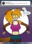 2018 anthro armwear ask_blog big_breasts blush breasts cheetah clothing collar comic conditional_dnp crop_top dialogue digital_media_(artwork) dynamite_(kadath) elbow_gloves english_text felid feline female fishnet_clothing gloves handwear kadath mammal scared shirt solo speech_bubble spotlight text topwear url