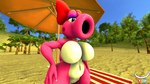 16:9 3d_(artwork) accessory anthro beach beach_blanket beach_umbrella big_breasts birdo blue_eyes bow_(feature) bow_accessory bow_ribbon breasts centered_hair_bow container detailed_background digital_media_(artwork) featureless_breasts featureless_crotch female hair_accessory hair_bow hair_ribbon hi_res kabalmystic_(artist) mario_bros nintendo parasol pink_body plant red_bow reptile ribbons sand scalie seaside siphon_(anatomy) solo source_filmmaker_(artwork) thecheshireguy thick_thighs tree umbrella widescreen