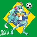 1:1 4_toes anthro ball barefoot blue_body blue_eyes blue_fur bracelet brazil brazilian_flag brazilian_miku breasts clothing crop_top eyewear feet felid female flower fur glasses grin hatsune_miku heart_glasses hi_res jaguar jewelry long_tail lotus_(flower) mammal pantherine pawnoart paws plant shirt smile soccer_ball solo tail toes topwear under_boob vocaloid