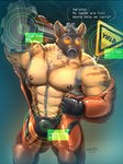 2023 abs anthro barazoku bedroom_eyes biceps big_muscles biped bodily_fluids brown_body brown_fur clothing english_text fur gas_mask glaucablitz gloves handwear hi_res hyena latex latex_clothing latex_gloves latex_handwear lethal_company looking_at_viewer male mammal mask muscular muscular_anthro muscular_male narrowed_eyes pecs seductive solo sweat sweatdrop sweaty_body talking_to_viewer text