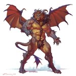 1:1 2023 abs anthro areola biceps biped body_hair crotch_tuft digital_media_(artwork) felid happy_trail hi_res horn iranian_mythology male mammal mane manticore membrane_(anatomy) membranous_wings middle_eastern_mythology muscular muscular_anthro muscular_male muscular_thighs mythology nipples nude pecs pose purple_mane quads red_mane simple_background solo standing tail taran_fiddler thick_thighs tuft vein veiny_arms veiny_muscles weretober whiskers white_background wings