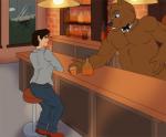 alcohol anthro bar bear beverage blue_eyes brown_eyes clothed clothing detailed_background duo human inside male mammal muscular muscular_male potion sitting transformation_potion unknown_artist