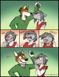 ambiguous_gender anthro arctic_fox black_body black_fur blue_eyes blush brown_body brown_eyes brown_fur canid canine canis christmas clothing comic english_text fox fur gradient_background green_background grey_hair hair heart_symbol holidays kissing male mammal mistletoe mucophilia onomatopoeia open_mouth orange_background plant red_background red_clothing red_shirt red_topwear red_wolf shirt simple_background smile sneeze sound_effects straight_hair text tongue topwear true_fox vir-no-vigoratus white_body white_fur wolf yellow_background yellow_sclera