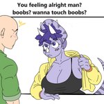 1:1 2024 4_fingers anon_(snoot_game) anthro bald big_breasts biped black_clothing black_shirt black_tank_top black_topwear blush boobs?_wanna_touch_boobs? breasts cavemanon_studios ceratopsian clothed clothed_anthro clothed_female clothed_human clothed_male clothing colored dinosaur duo english_text female fingers goodbye_volcano_high green_clothing green_jacket green_topwear hair hi_res horn human human_on_anthro humanoid_hands interspecies jacket long_tail looking_at_another male male/female mammal markings meme nuar_come_mundos ornithischian prehistoric_species presenting presenting_breasts purple_body purple_eyes purple_hair purple_scales reptile scales scalie shirt short_hair simple_background snoot_game spots spotted_markings striped_markings stripes surprised tail tank_top text topwear triceratops trish_(gvh) white_background yellow_clothing yellow_jacket_(clothing) yellow_topwear