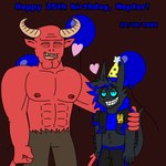 1:1 2024 balloon birthday birthday_gift clothing demon duo hat headgear headwear humanoid huskyblue42 inflatable male muscular muscular_male nepter_hallows_(huskyblue42) party_hat satan satyr smile smiling_at_another supermariofann1