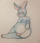 anonymous_artist anthro backsack balls benny_the_bunny big_butt blue_body blue_fur butt fur genitals hi_res lagomorph leporid looking_at_viewer male mammal purple_eyes rabbit rear_view sitting smile solo thick_thighs traditional_media_(artwork)