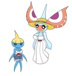 antennae_(anatomy) anthro black_eyes blue_body bottomwear breasts clothed clothing dress duo female game_freak generation_3_pokemon hat headgear headwear hi_res masquerain nintendo pokeball pokemon pokemon_(species) shirt shorts simple_background surskit topwear urusee584 white_background white_clothing white_dress white_shirt white_topwear wings