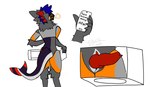 animal_genitalia anthro appliance arm_tuft armor black_text blue_hair canine_genitalia ear_markings elbow_tuft english_text erection fin fur genitals grey_armor hair henrytheprotogay internal kitchen_appliance knot machine male markings microwave_oven multicolored_body multicolored_fur neck_tuft orange_armor orange_eyes orange_mouth penis phone_screen protogen protogen_armor protogen_face protogen_hacking protogen_visor red_markings red_penis sigh signature simple_background solo tail tail_fin tail_markings text tuft white_background