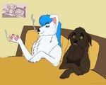 5:4 bed blue_eyes brown_body brown_fur canid canine canis cigarette domestic_dog duo fangs female female/female feral fur furniture green_eyes hair hed_(hedonophobia_h) hedonophobia_h hi_res hybrid i_love_when_ppl_draw_ships_like_this iceshadow mammal meme smoking teeth white_body white_fur