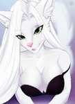 absurd_res anthro artist_name bra breast_squish breasts canid canine clothed clothing digital_media_(artwork) female fox fur green_eyes hair half-length_portrait hi_res lingerie looking_at_viewer mammal portrait shaded silier_(silier) smile smiling_at_viewer solo squish underwear v3nusbby white_body white_fur white_hair