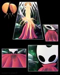 2023 4:5 arthropod black_body cloak clothing comic detailed_background digital_drawing_(artwork) digital_media_(artwork) ellipsis english_text featureless_chest female flat_chested hi_res holding_object holding_weapon hollow_knight hornet_(hollow_knight) humanoid jellli looking_at_viewer orange_liquid orb plant pouring questioning_ellipsis red_cloak red_clothing rock shaded solo splash team_cherry text translucent translucent_clothing weapon wet wet_clothing white_text