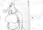 anthro big_breasts breasts broken_button bulging_vein canid canine canis clothed clothing cracking_neck dobermann domestic_dog doorway dreamy_pride english_text female graffiti hi_res huge_breasts mammal monochrome muscular muscular_anthro muscular_female open_clothing open_shirt open_topwear pinscher shirt snarling solo t-shirt text topwear tracy_porter