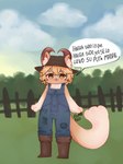 absurd_res anthro boots clothed clothing fence footwear full-length_portrait gato hat headgear headwear hi_res horn inner_ear_fluff male overalls pointy_ears portrait prick_ears ramkat riniring shaded shoes soft_shading spanish_text tail text translated tuft