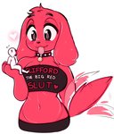 afterimage anon anthro anthrofied bald bandeau biped black_clothing black_eyes bloodhound blush blush_stickers bodily_fluids bottomwear canid canine canis clifford_(clifford_the_big_red_dog) clifford_the_big_red_dog clothed clothing collar crossgender domestic_dog dot_eyes duo earless english_text eyebrows female floppy_ears fluffy_ears flying_sweatdrops fur handpaw head_tuft heart_symbol hi_res humanoid hunting_dog long_ears looking_at_another macro mammal midriff mouthless mtf_crossgender navel paws portrait presenting print_clothing print_shirt print_topwear raikissu red_body red_fur scent_hound shirt simple_background sitting sitting_on sitting_on_hand slut_print slut_print_clothing slut_print_shirt slut_print_topwear spiked_collar spikes standing suggestive_clothing suggestive_print suggestive_shirt suggestive_topwear sweat sweatdrop tail tail_motion tailwag text text_on_clothing text_on_shirt text_on_topwear three-quarter_portrait tongue tongue_out topwear tuft white_background white_body white_skin