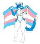 3_toes 4_ears alien anthro avali avian bikini blep blue_body blue_feathers blue_tail blue_tongue breasts chest_tuft clothing cybernetic_arm cybernetic_limb daro_silvertail feathers feet female flag flag_(object) head_crest hi_res holding_flag holding_object lgbt_pride looking_at_viewer mangakitsune2 multi_ear multicolored_bikini multicolored_clothing multicolored_swimwear non-mammal_breasts one_eye_closed pattern_clothing pride_color_bikini pride_color_clothing pride_color_flag pride_color_swimwear pride_colors simple_background solo striped_clothing stripes swimwear tail toes tongue tongue_out trans_(lore) trans_woman_(lore) transgender_pride_colors tuft two-piece_swimsuit white_background white_body white_breasts white_feathers wingless_avian wink