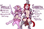 2017 animal_humanoid armor belt_accessory breasts cat_humanoid cat_tail collar duo english_text felid felid_humanoid feline feline_humanoid female hair heterochromia humanoid jinti mammal mammal_humanoid melee_weapon metal_pasties pasties pink_hair polearm potion red_hair sabrith_ebonclaw tayelle_ebonclaw text weapon