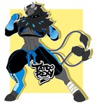 anthro armwear black_body black_fur blue_eyes bottomwear clothing female fur generation_9_pokemon hi_res horn legwear muscular nintendo paldean_form paldean_tauros paldean_tauros_(aqua_breed) pants pokemon pokemon_(species) regional_form_(pokemon) simple_background solo tail tattoorexy