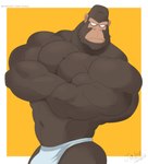 2024 anthro ape ayumu_gouriki_(odd_taxi) barazoku big_muscles brown_body bulge clothed clothing crossed_arms gorilla haplorhine hi_res huge_muscles jabuhusky male mammal muscular muscular_anthro muscular_male navel odd_taxi pecs primate simple_background solo underwear