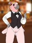 absurd_res alcohol anthro avian bar bartender beer beer_mug beverage bird bottomless bottomless_anthro bottomless_female bow_tie casual_exposure clothed clothing cockatoo confident dress_shirt exhibitionism female fish_birb genitals hand_on_hip hi_res holding_object jenny_(fish_birb) major_mitchell's_cockatoo name_tag parrot pussy shirt solo topwear vest