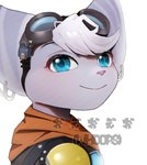 2024 anthro blue_eyes clothing cybernetic_arm cybernetic_limb ear_piercing ear_ring eyebrows eyelashes eyewear eyewear_on_head female fur goggles goggles_on_head hi_res lombax looking_at_viewer mammal piercing pink_nose portrait purple_body purple_fur ratchet_and_clank ring_piercing rivet_(ratchet_and_clank) scarf smile solo sony_corporation sony_interactive_entertainment stripes w_h_oops watermark