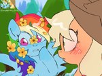 4:3 absurd_res applejack_(mlp) blush clothing cowboy_hat duo equid equine evergreen_tree female female/female flower friendship_is_magic green_eyes hasbro hat headgear headwear hi_res horse mammal metaruscarlet my_little_pony open_mouth pine_tree plant pony rainbow_dash_(mlp) screencap_redraw tree yellow_flower