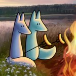 1:1 2023 ambiguous_gender blue_fox_(foxes_in_love) campfire canid canine cooking cutlery detailed_background digital_media_(artwork) digital_painting_(artwork) duo feral fire flower food fork fox foxes_in_love grass green_fox_(foxes_in_love) hi_res kitchen_utensils male_(lore) mammal meadow meat official_art outside plant prick_ears sausage shaded simple_eyes sky tail toivo_kaartinen tools trans_(lore) trans_man_(lore) tree