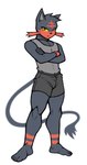 2024 aiden_(solard0gg0) anthro anthrofied biceps biped black_arms black_body black_bottomwear black_clothing black_ears black_face black_feet black_hair black_legs black_nose black_shorts black_tail black_toes bottomwear clothed clothed_anthro clothed_male clothing crossed_arms dark_bottomwear dark_shorts digital_drawing_(artwork) digital_media_(artwork) facial_markings facial_tuft feet felid feline frown frowning_at_viewer generation_7_pokemon grey_clothing grey_inner_ear grey_shirt grey_tank_top grey_topwear hair head_markings hi_res humanoid_feet litten long_tail looking_at_viewer male mammal markings monotone_bottomwear monotone_clothing monotone_shorts monotone_topwear mouth_closed multicolored_body nintendo plantigrade pokemon pokemon_(species) pokemorph red_body red_face red_legs red_markings red_tuft shirt shorts simple_background solard0gg0 solo standing striped_body striped_legs stripes tail tank_top toes topwear tuft two_tone_body two_tone_face white_background yellow_sclera